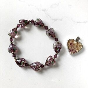 Glass Heart Beaded Bracelet and Pendant Set - Purple and Silver